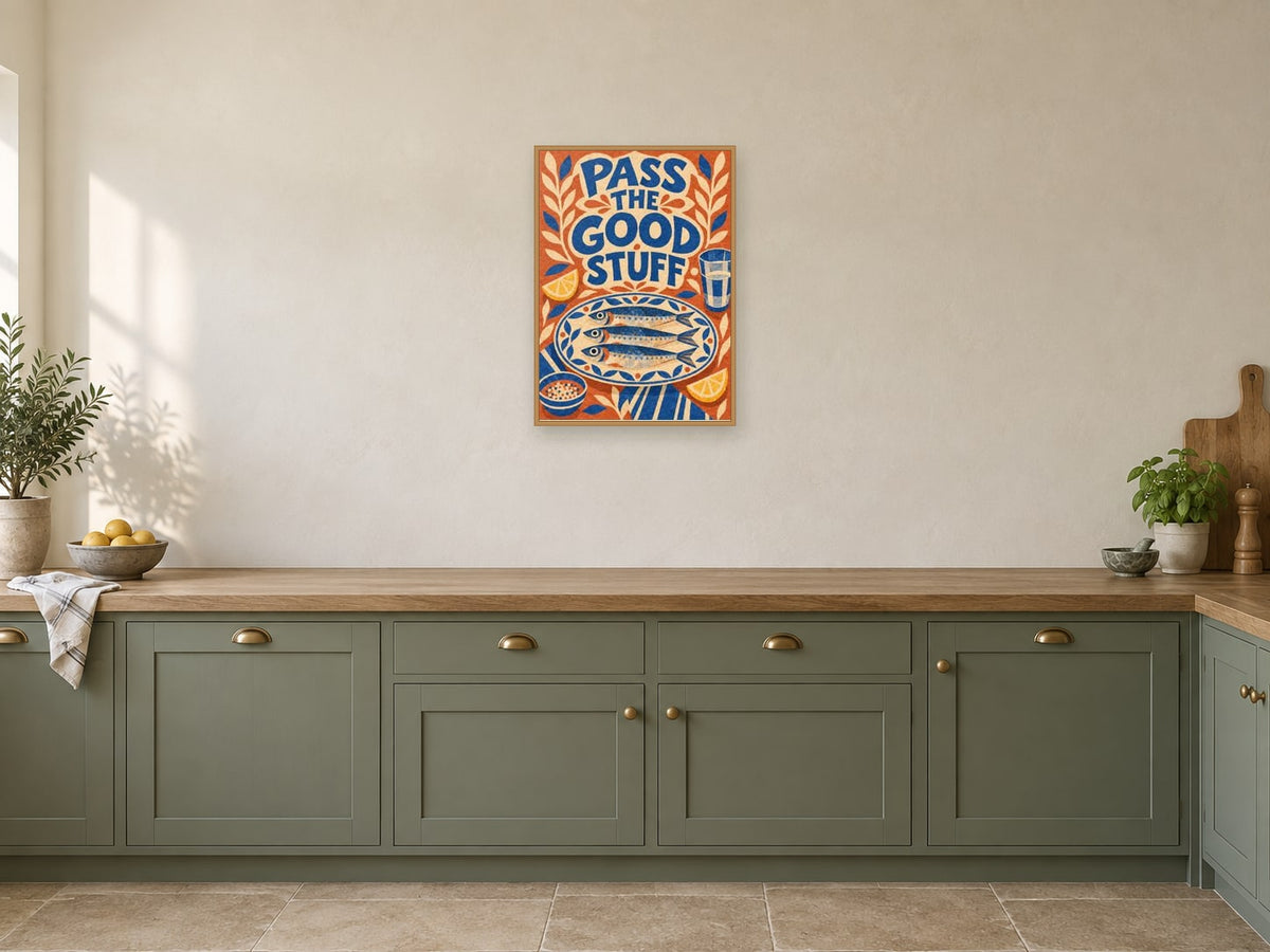 Pass The Good Stuff — A2 artwork shown in a room with a natural wood frame; select a framed finish to include a frame