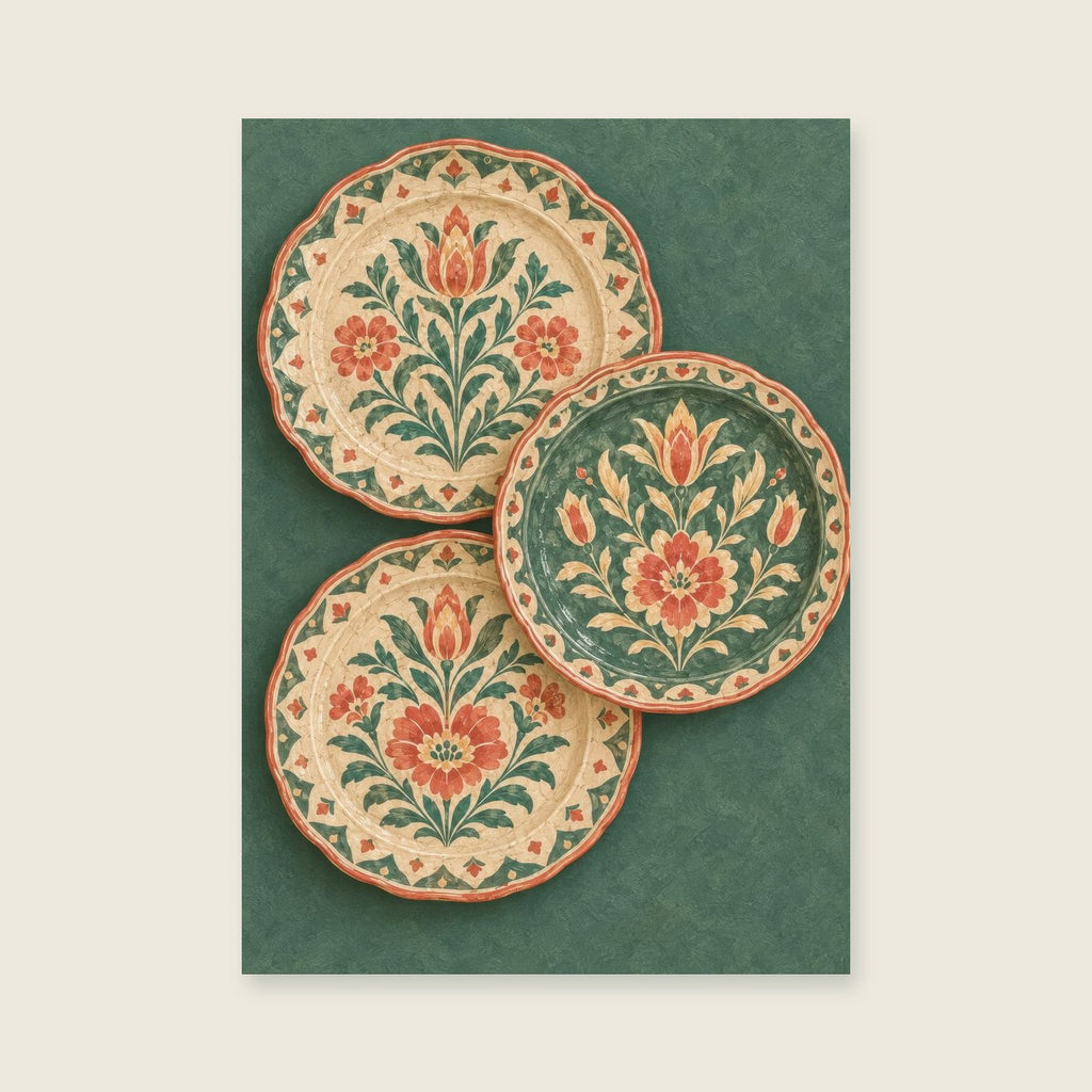 Three olive plates in an overlapping composition — Decorative ceramic illustration dining room art print