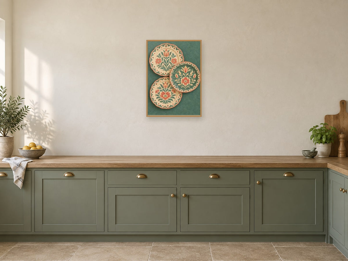 Three olive plates in an overlapping composition — A2 artwork shown in a room with a natural wood frame; select a framed finish to include a frame