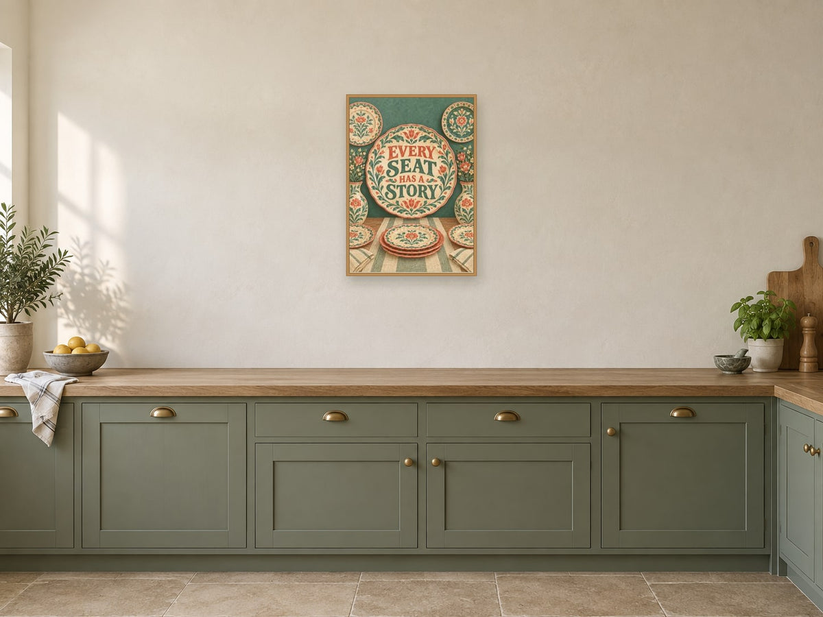Every Seat Has A Story — A2 artwork shown in a room with a natural wood frame; select a framed finish to include a frame