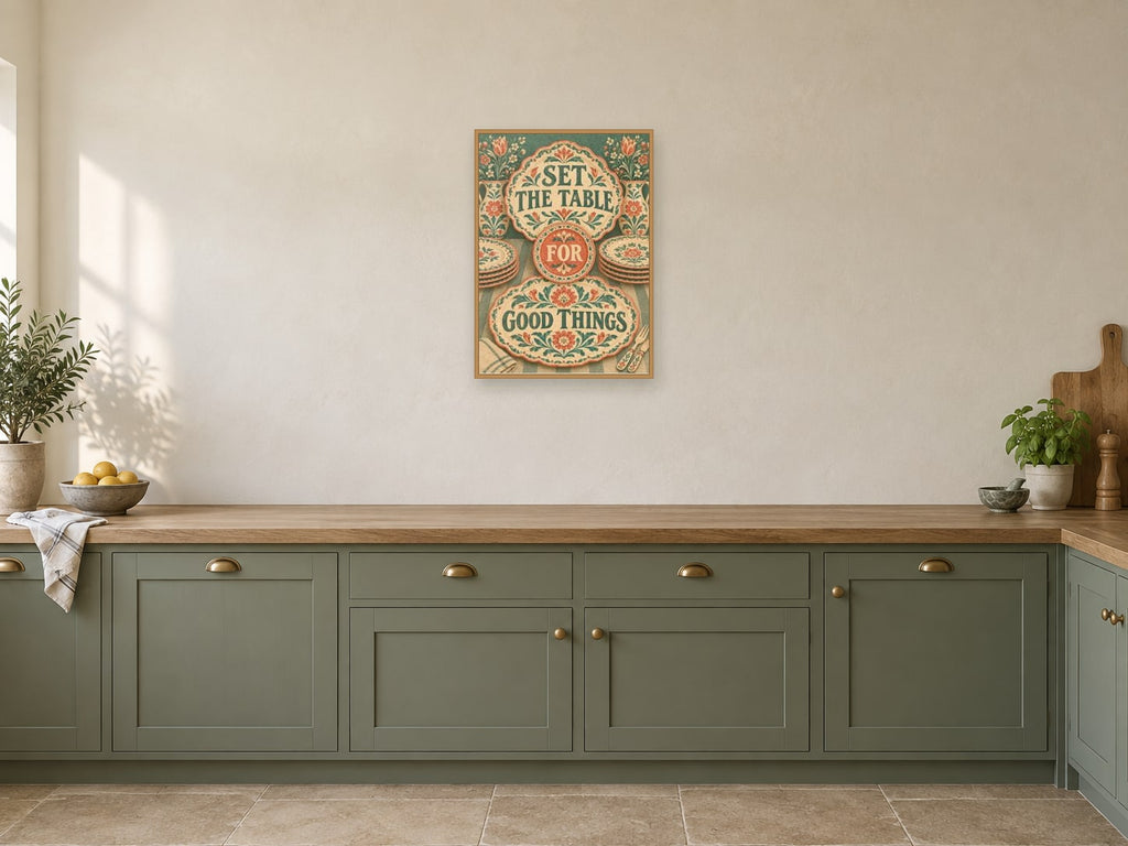 Set The Table For Good Things — A2 artwork shown in a room with a natural wood frame; select a framed finish to include a frame