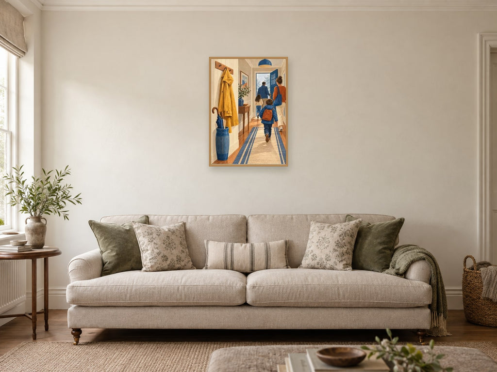 mustard raincoat — A2 artwork shown in a room with a natural wood frame; select a framed finish to include a frame