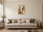 Woven market bag — A2 artwork shown in a room with a natural wood frame; select a framed finish to include a frame