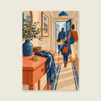 Plain keys and a scarf on a coral hallway table — Rich editorial illustration hallway art print