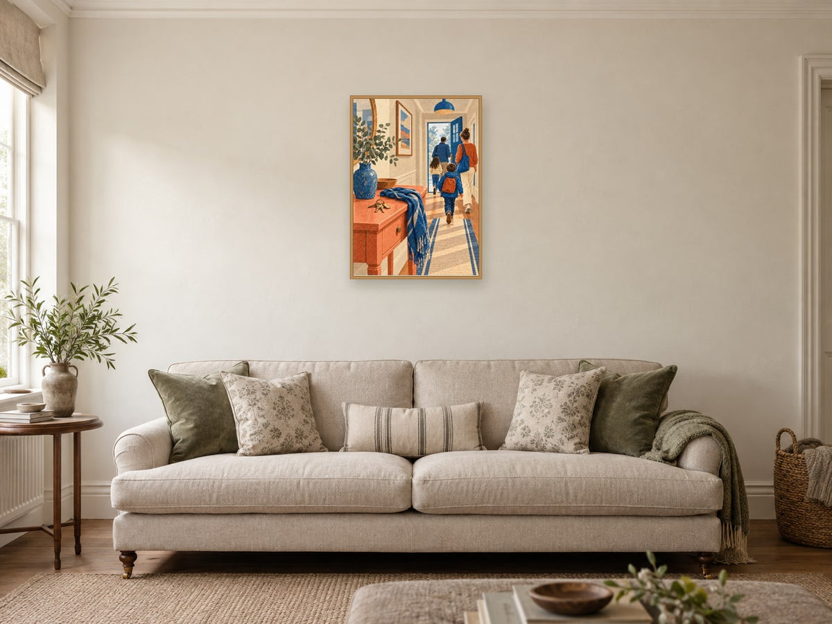 Plain keys and a scarf on a coral hallway table — A2 artwork shown in a room with a natural wood frame; select a framed finish to include a frame