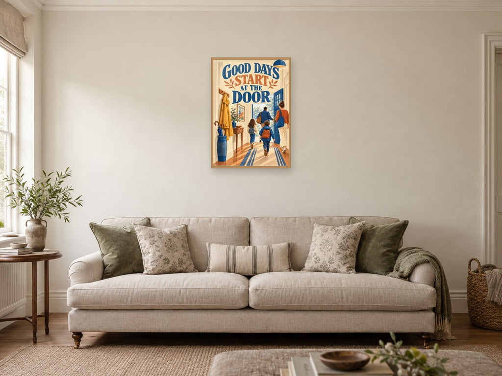 Good Days Start At The Door — A2 artwork shown in a room with a natural wood frame; select a framed finish to include a frame