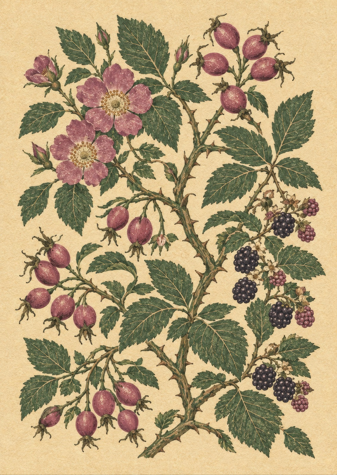 Wild rose hips among bramble stems — artwork detail