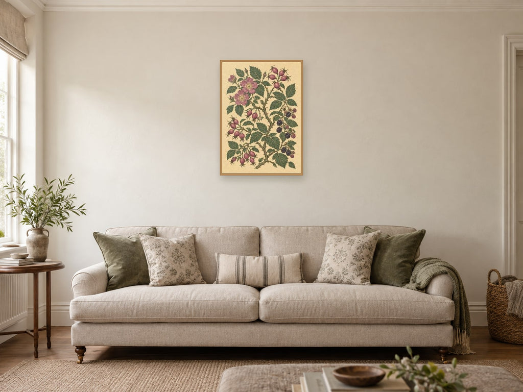 Wild rose hips among bramble stems — A2 artwork shown in a room with a natural wood frame; select a framed finish to include a frame