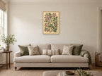 Wild rose hips among bramble stems — A2 artwork shown in a room with a natural wood frame; select a framed finish to include a frame