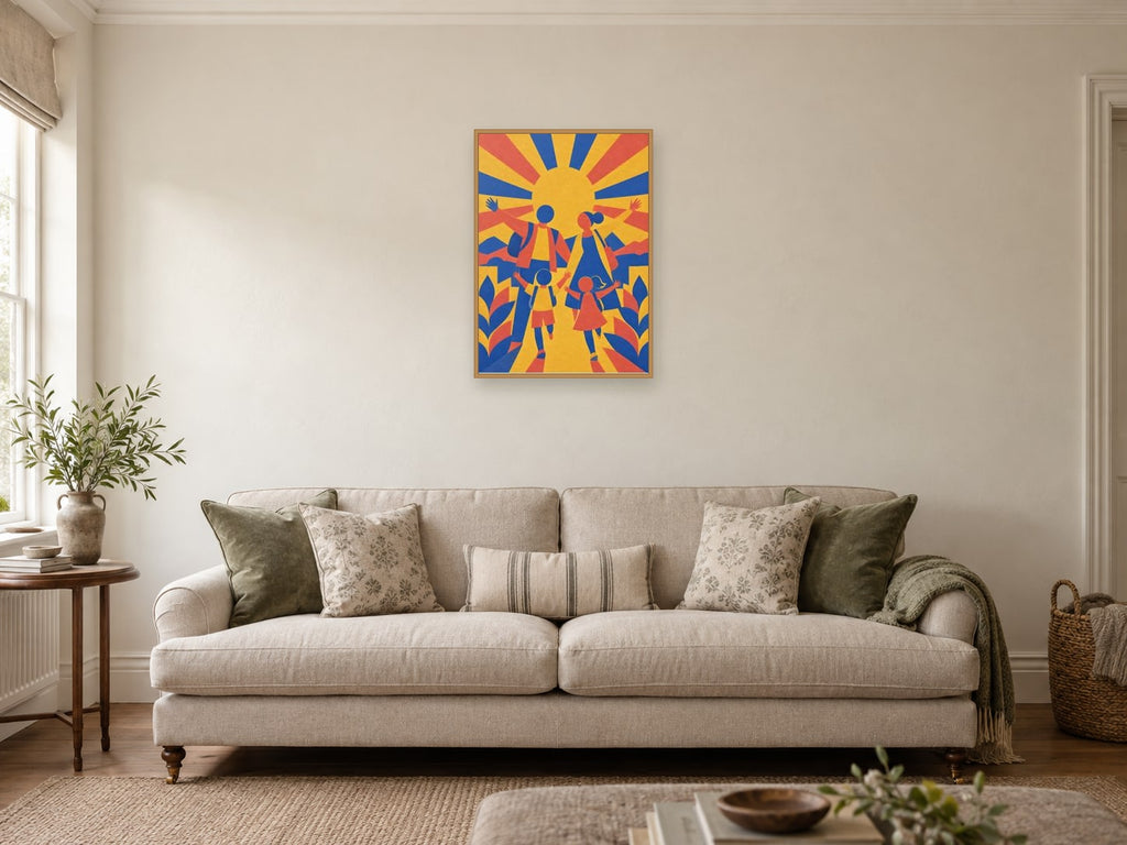broad sunburst greeting motif without text — A2 artwork shown in a room with a natural wood frame; select a framed finish to include a frame