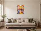 broad sunburst greeting motif without text — A2 artwork shown in a room with a natural wood frame; select a framed finish to include a frame