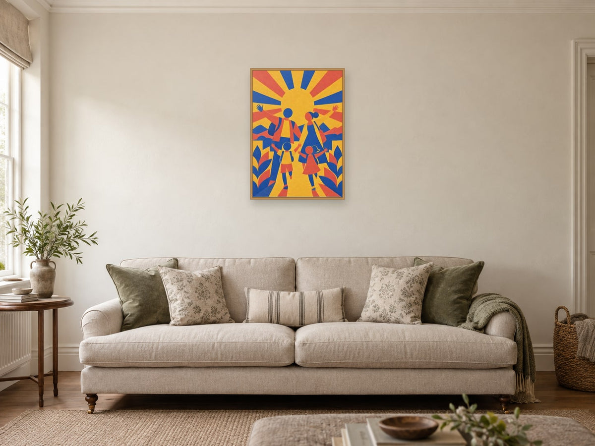 broad sunburst greeting motif without text — A2 artwork shown in a room with a natural wood frame; select a framed finish to include a frame