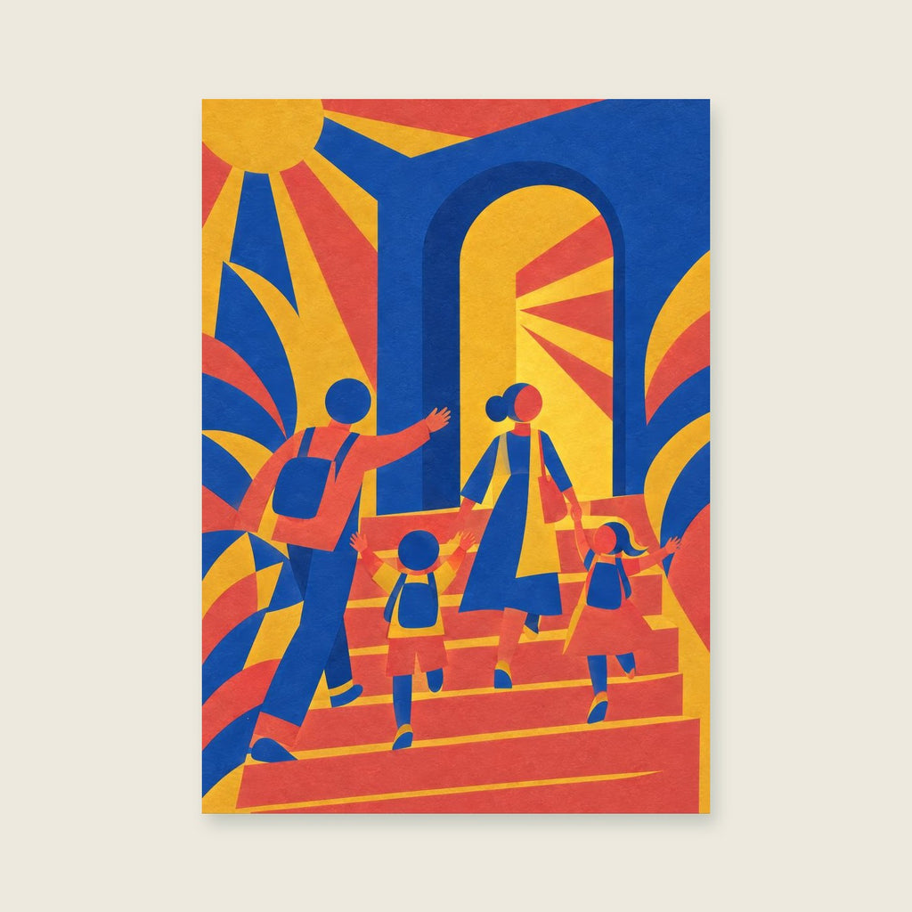 sculptural cobalt doorway and coral steps — Oversized geometric lettering hallway art print