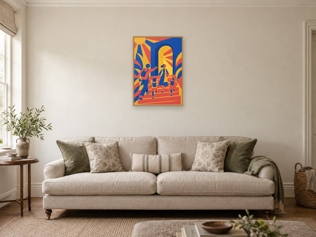 sculptural cobalt doorway and coral steps — A2 artwork shown in a room with a natural wood frame; select a framed finish to include a frame
