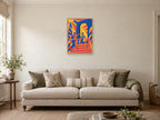 sculptural cobalt doorway and coral steps — A2 artwork shown in a room with a natural wood frame; select a framed finish to include a frame