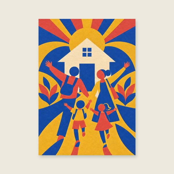 Gold curves around a stylised cream house shape Art Print