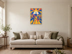 Gold curves around a stylised cream house shape — A2 artwork shown in a room with a natural wood frame; select a framed finish to include a frame