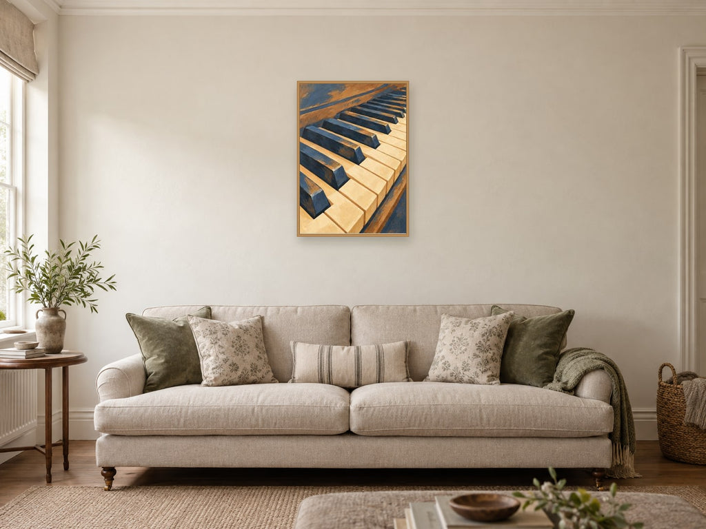 Close view of coherent alternating piano keys — A2 artwork shown in a room with a natural wood frame; select a framed finish to include a frame