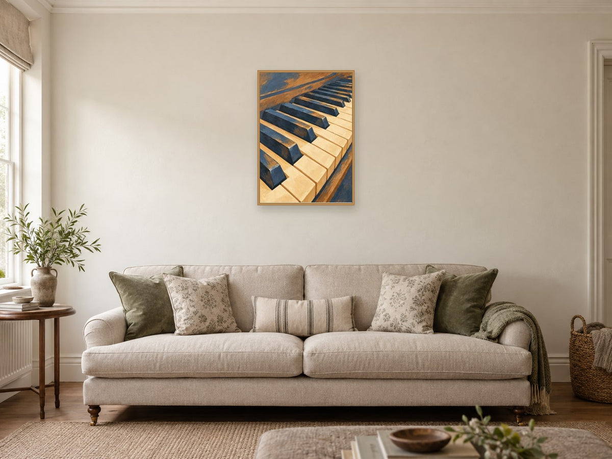 Close view of coherent alternating piano keys — A2 artwork shown in a room with a natural wood frame; select a framed finish to include a frame