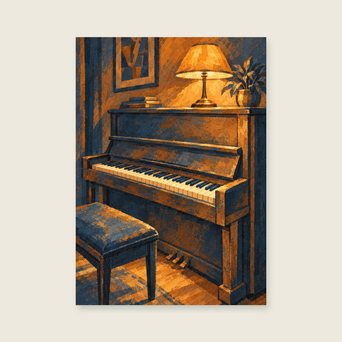 Unbranded upright piano — Rich jazz editorial gouache music art print