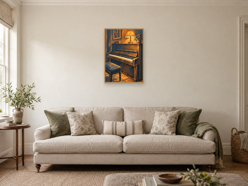 Unbranded upright piano — A2 artwork shown in a room with a natural wood frame; select a framed finish to include a frame