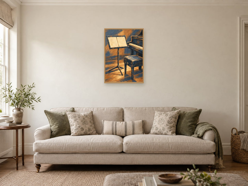 Sheet stand — A2 artwork shown in a room with a natural wood frame; select a framed finish to include a frame