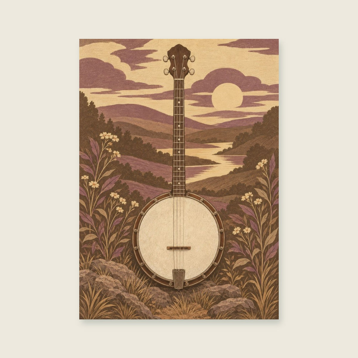 Unbranded banjo — Detailed original illustrative print music art print