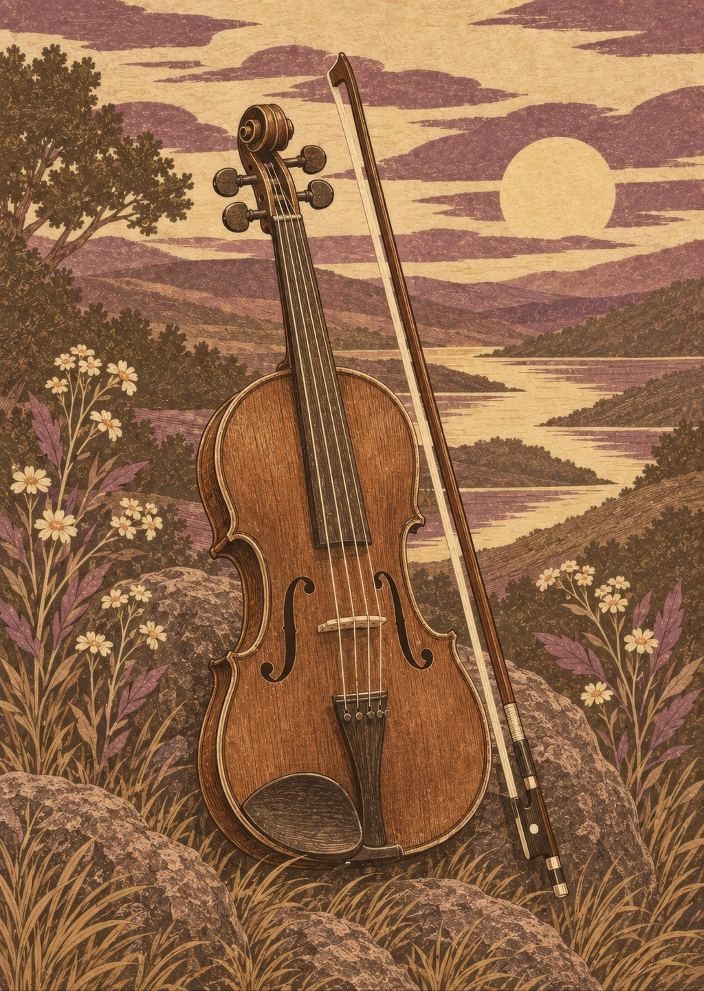 Fiddle and bow in a warm graphic composition — artwork detail