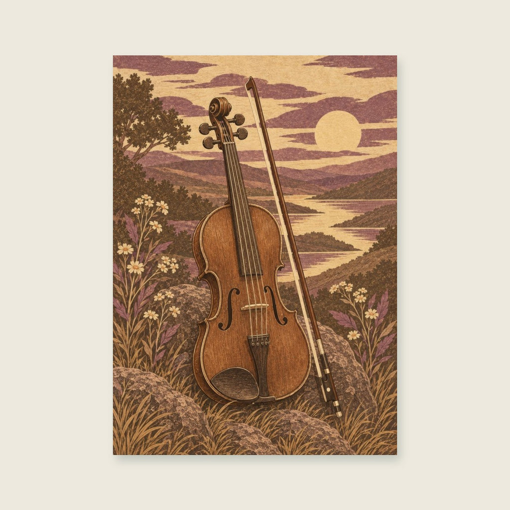 Fiddle and bow in a warm graphic composition — Detailed original illustrative print music art print