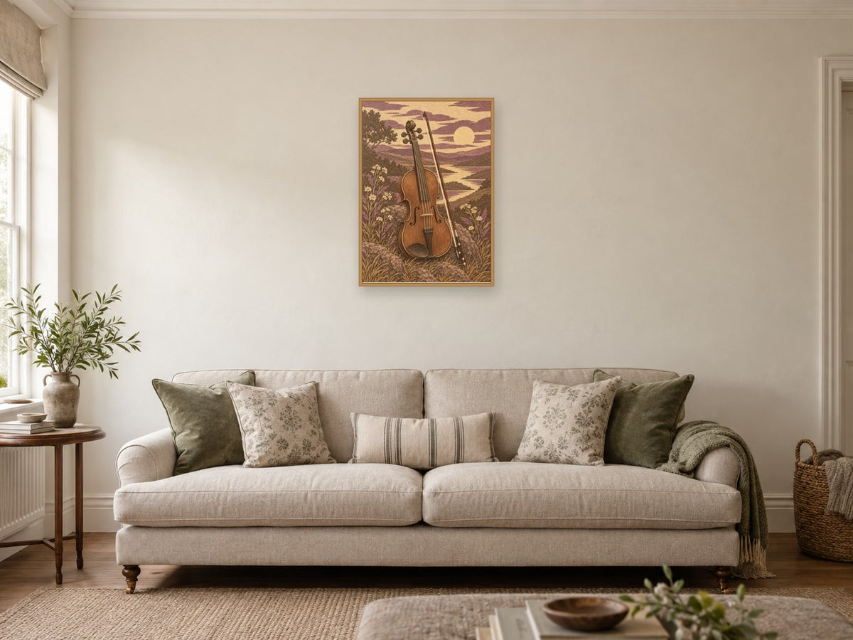 Fiddle and bow in a warm graphic composition — A2 artwork shown in a room with a natural wood frame; select a framed finish to include a frame