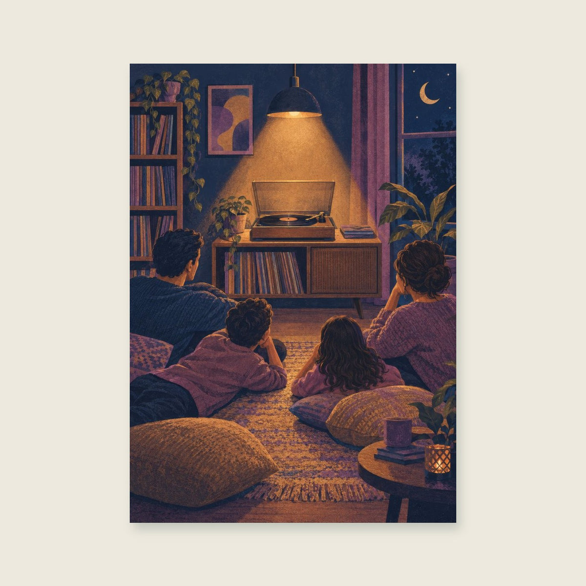 Unbranded record player under a warm spotlight — Atmospheric domestic illustration music art print
