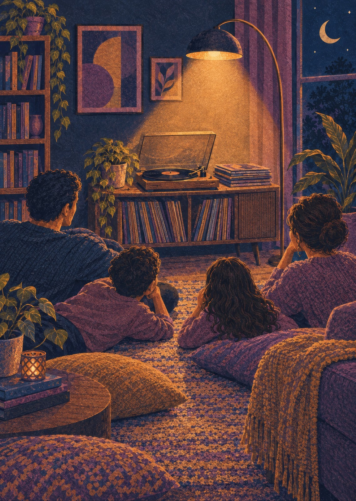 Stacked unlabelled records and a glowing floor lamp — artwork detail