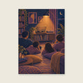 Stacked unlabelled records and a glowing floor lamp — Atmospheric domestic illustration music art print