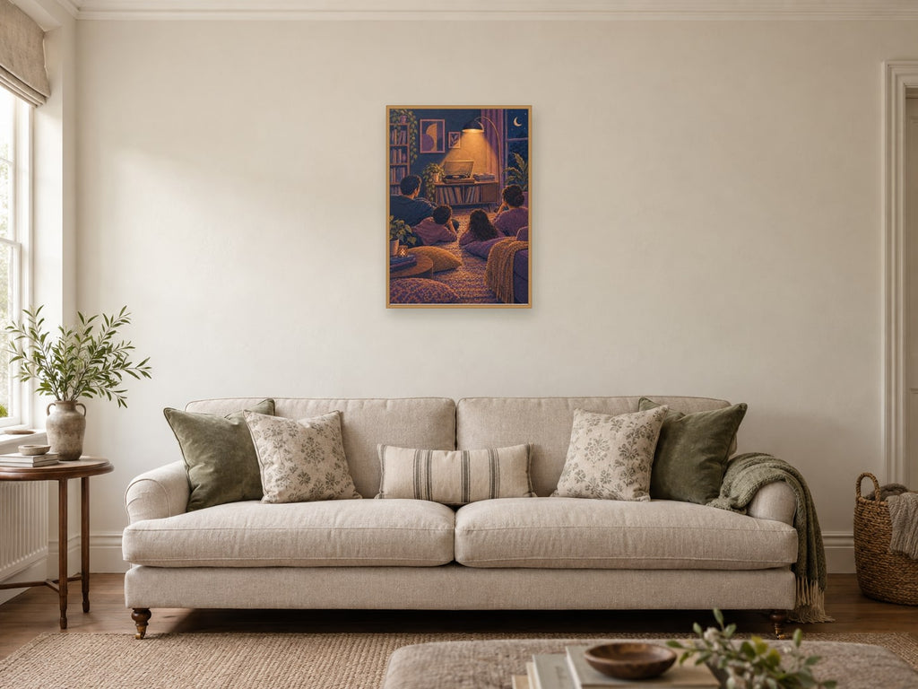 Stacked unlabelled records and a glowing floor lamp — A2 artwork shown in a room with a natural wood frame; select a framed finish to include a frame