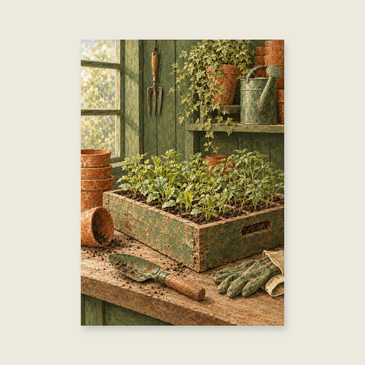 Wooden seed tray — Detailed painted still life utility room art print