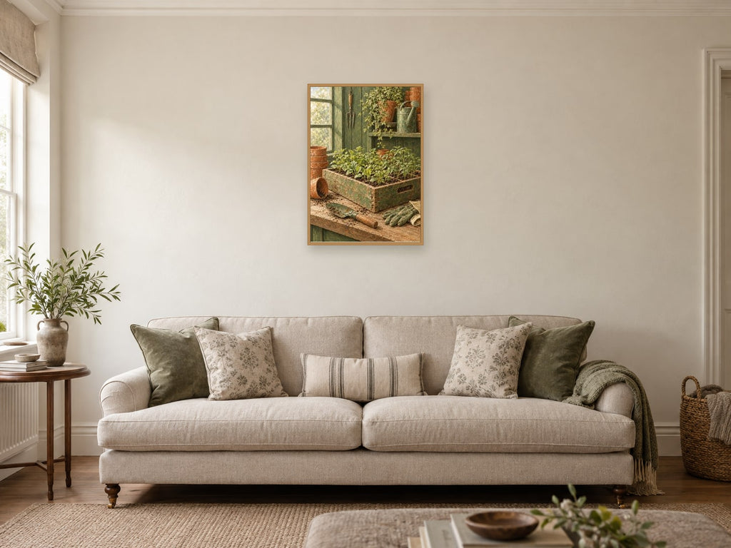 Wooden seed tray — A2 artwork shown in a room with a natural wood frame; select a framed finish to include a frame
