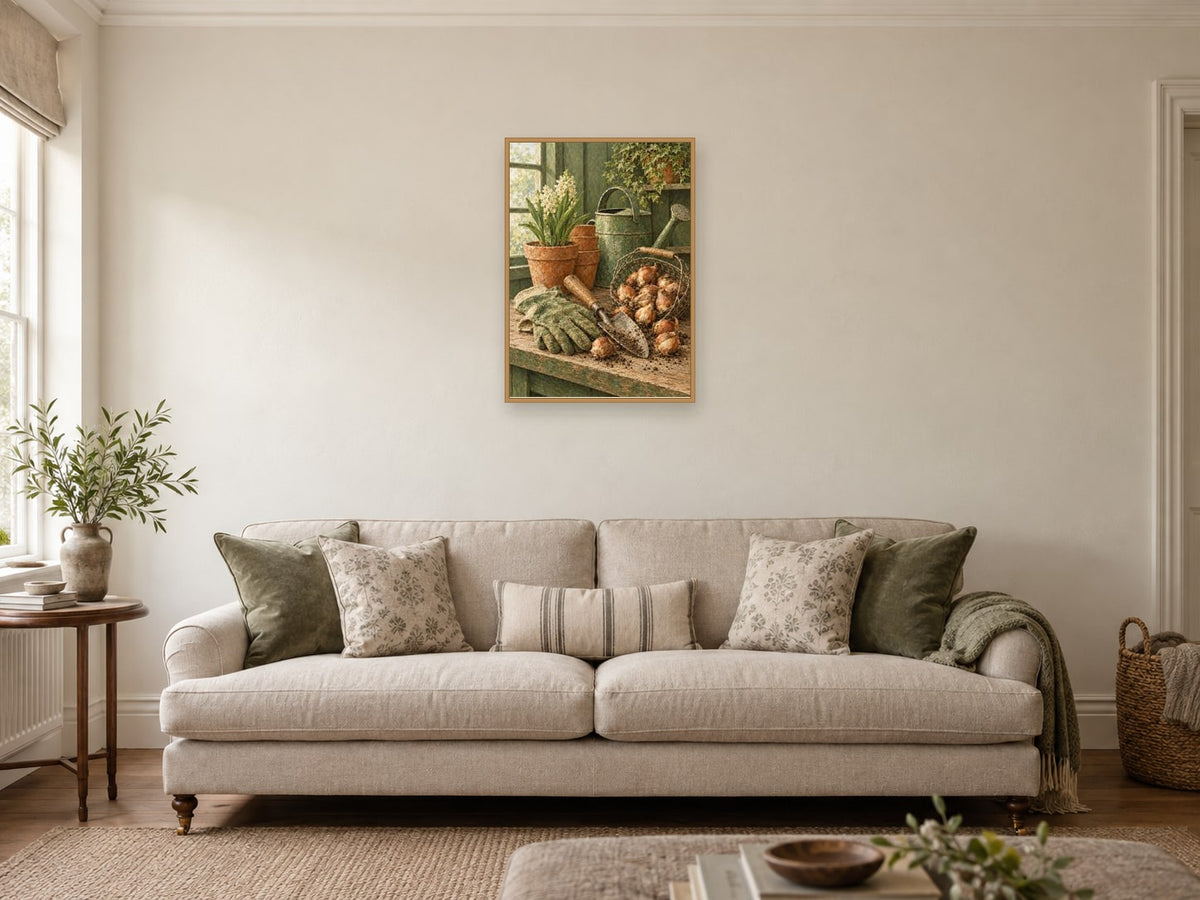 Gardening gloves — A2 artwork shown in a room with a natural wood frame; select a framed finish to include a frame