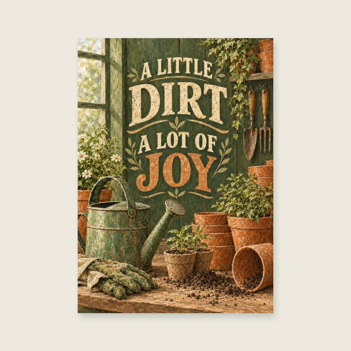 Little Dirt A Lot Of Joy — Detailed painted still life utility room art print