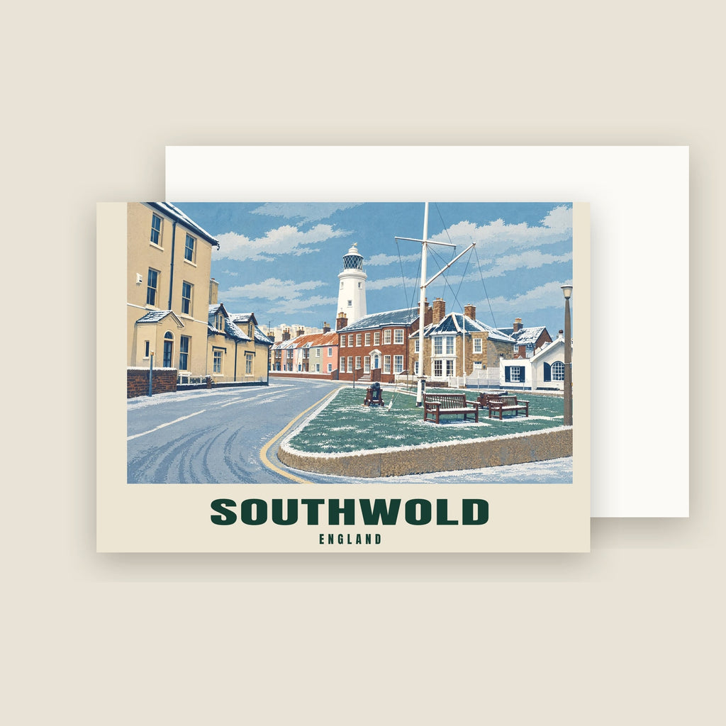 Southwold Lighthouse winter Christmas card with its envelope