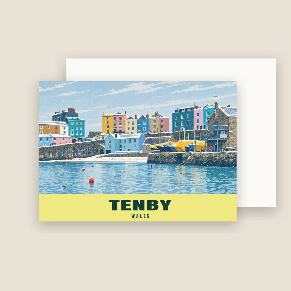Tenby Harbour winter Christmas card with its envelope