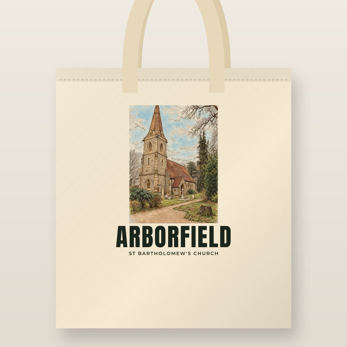 St Bartholomew's Church, Arborfield Tote Bag: natural cotton tote printed with our drawing of St Bartholomew's Church and the name ARBORFIELD