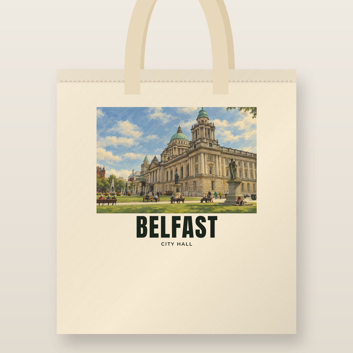 City Hall, Belfast Tote Bag: natural cotton tote printed with our drawing of City Hall and the name BELFAST