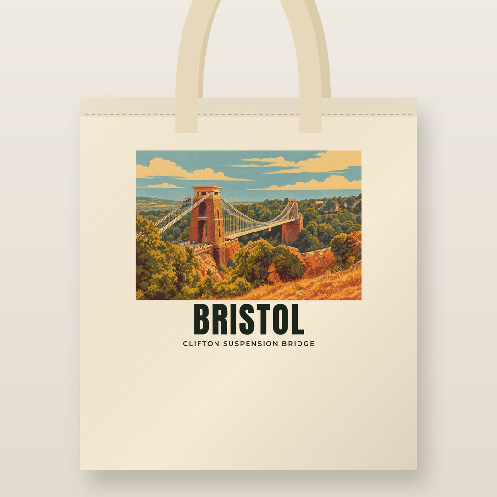 Clifton Suspension Bridge, Bristol Tote Bag: natural cotton tote printed with our drawing of Clifton Suspension Bridge and the name BRISTOL