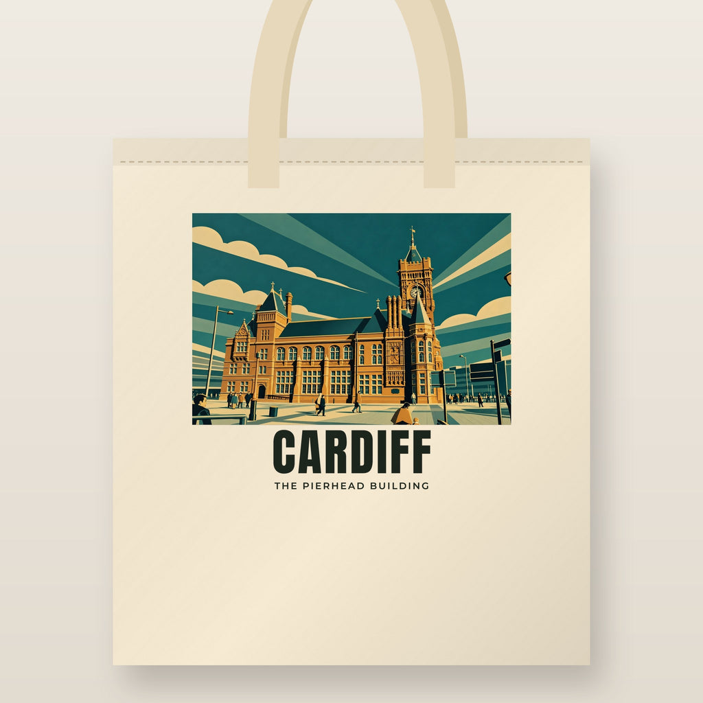 The Pierhead Building, Cardiff Tote Bag: natural cotton tote printed with our drawing of The Pierhead Building and the name CARDIFF