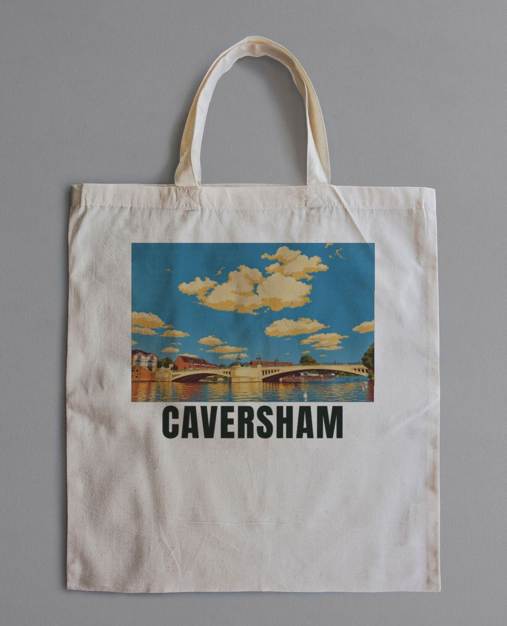 Caversham Tote Bag laid flat: natural cotton tote printed with our drawing of Caversham