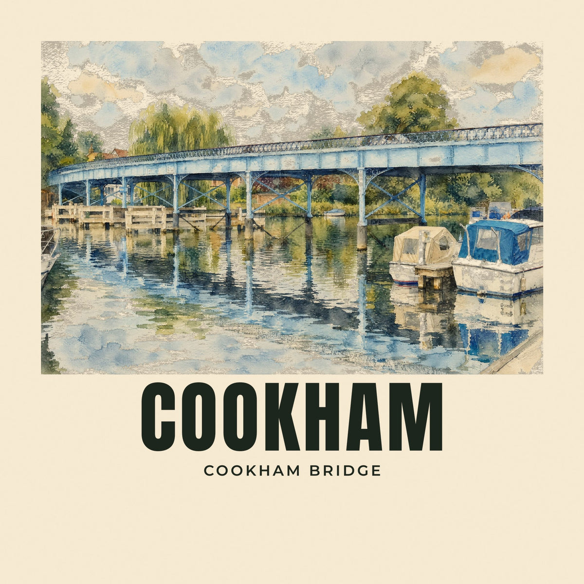 The printed design on the Cookham Bridge tote, close up
