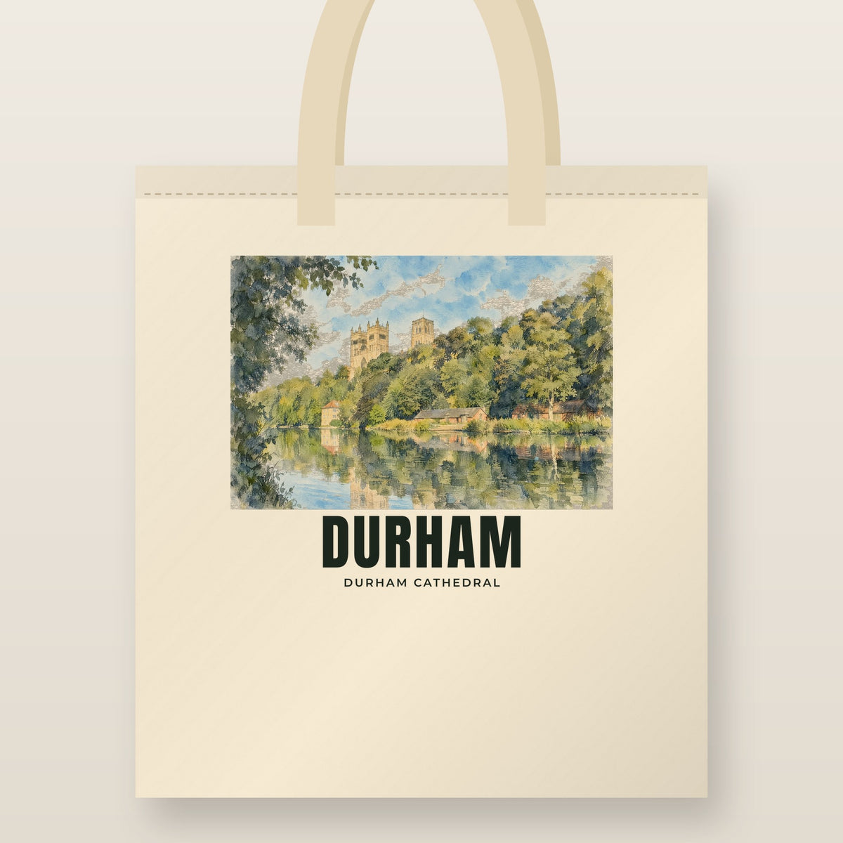 Durham Cathedral Tote Bag: natural cotton tote printed with our drawing of Durham Cathedral and the name DURHAM