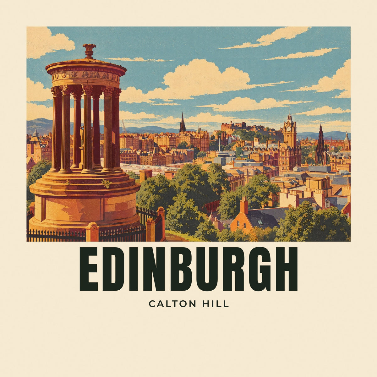 The printed design on the Calton Hill, Edinburgh tote, close up