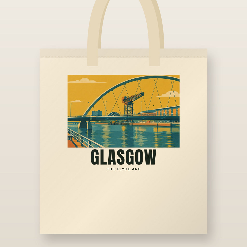 The Clyde Arc, Glasgow Tote Bag: natural cotton tote printed with our drawing of The Clyde Arc and the name GLASGOW