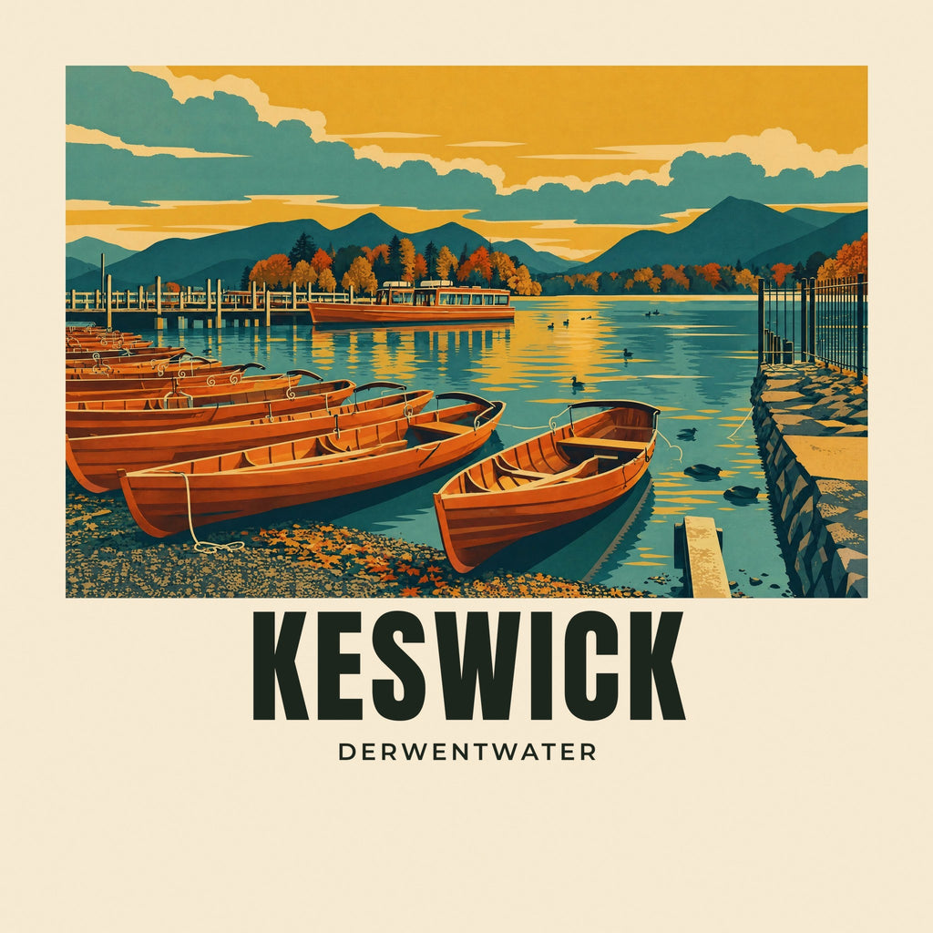 The printed design on the Derwentwater, Keswick tote, close up